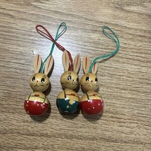 3 Erzgebirge‎ Rabbits Hanging Easter Wood Figurine Vintage Germany Hand Painted